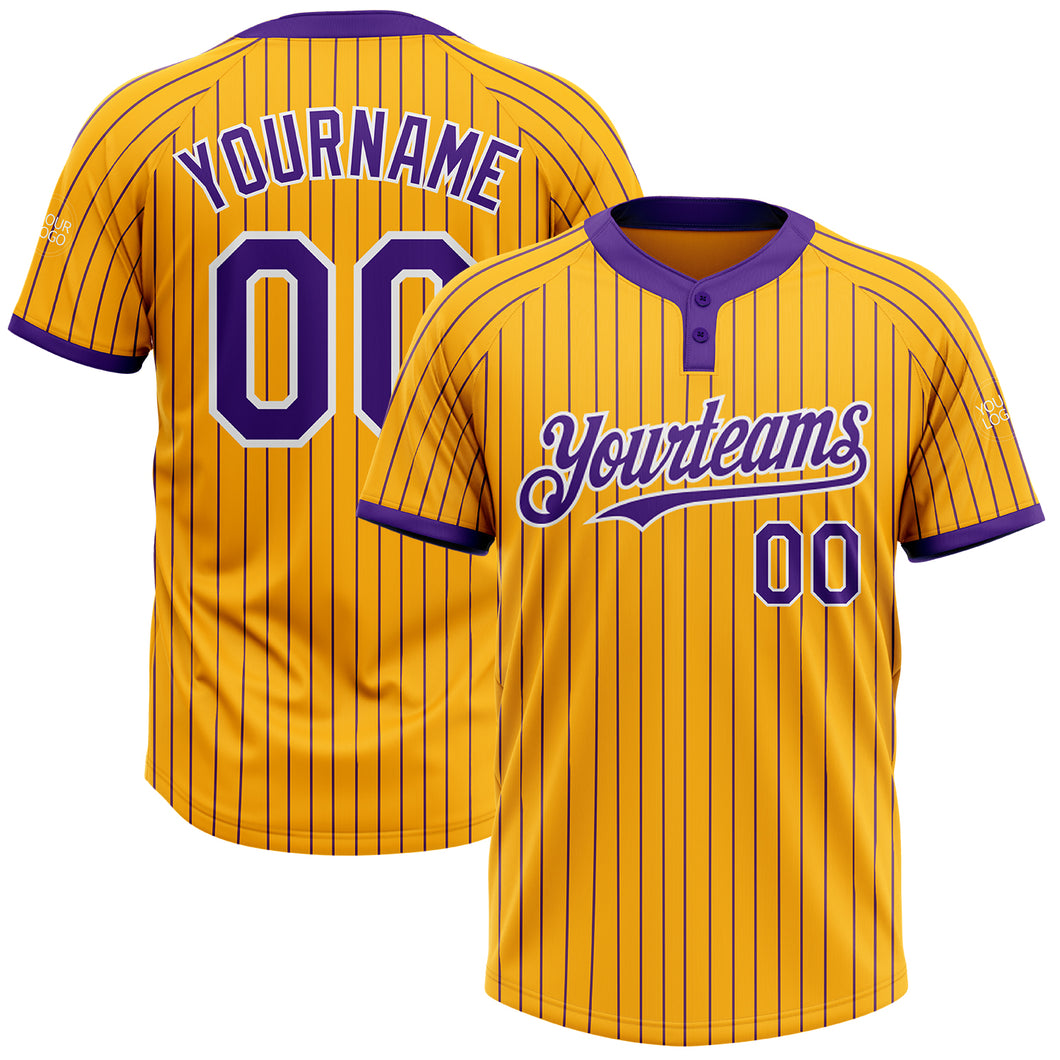 Custom Gold Purple Pinstripe White Two-Button Unisex Softball Jersey