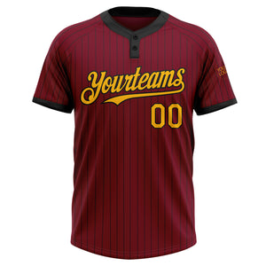 Custom Crimson Black Pinstripe Gold Two-Button Unisex Softball Jersey