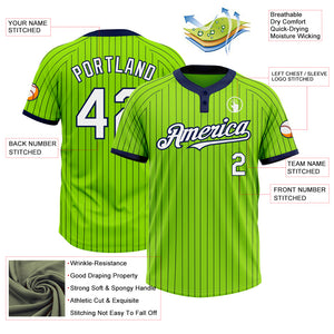 Custom Neon Green Navy Pinstripe White Two-Button Unisex Softball Jersey