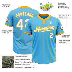 Custom Sky Blue Gold Pinstripe White Two-Button Unisex Softball Jersey