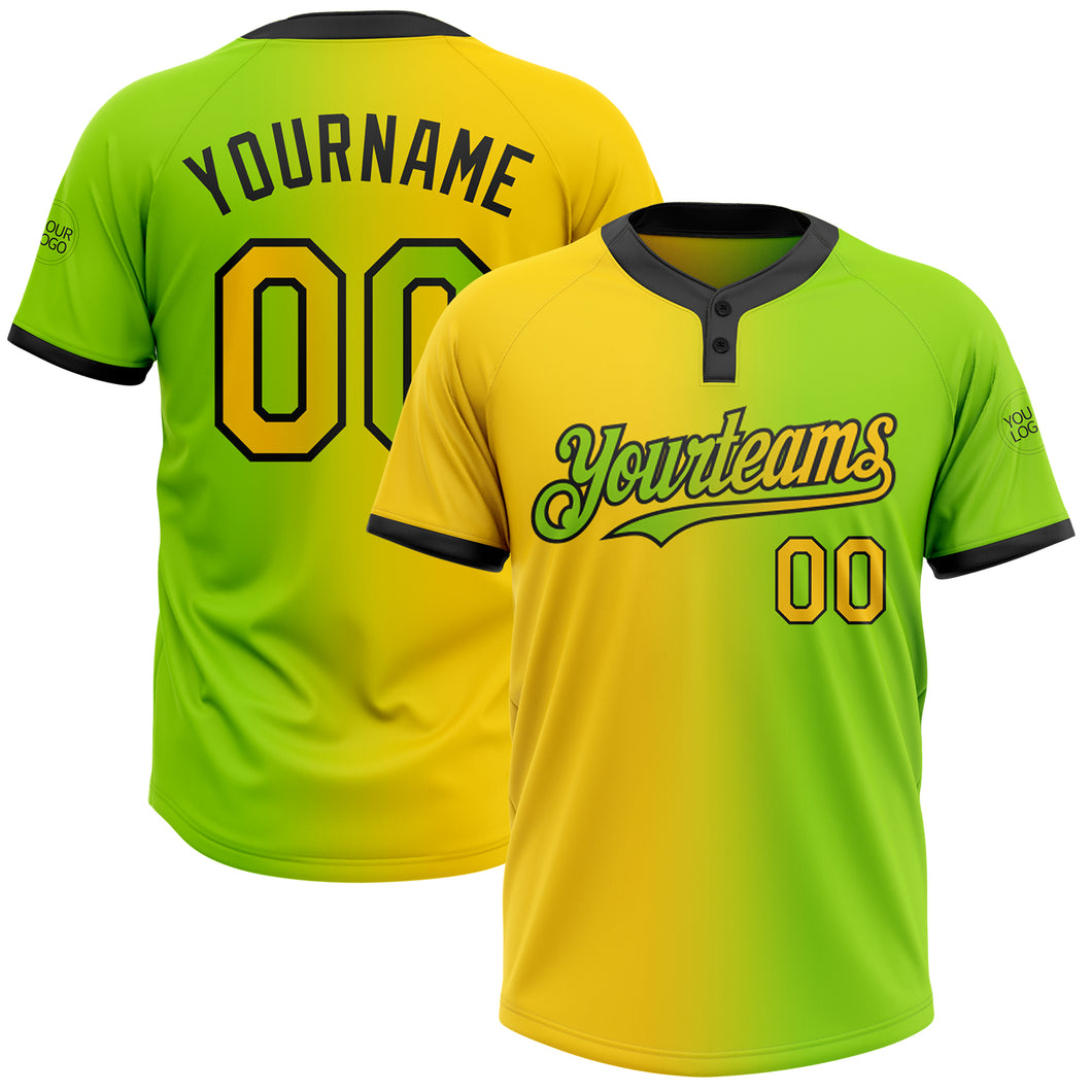 Custom Neon Green Yellow-Black Gradient Fashion Two-Button Unisex Softball Jersey