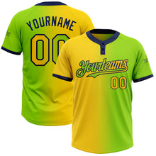 Load image into Gallery viewer, Custom Neon Green Yellow-Navy Gradient Fashion Two-Button Unisex Softball Jersey
