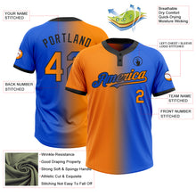 Load image into Gallery viewer, Custom Thunder Blue Bay Orange-Black Gradient Fashion Two-Button Unisex Softball Jersey
