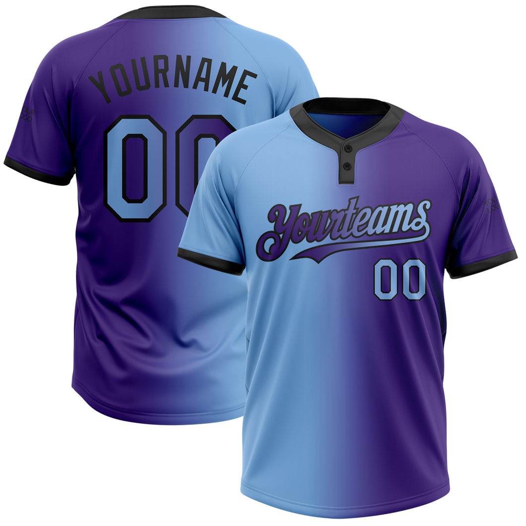 Custom Purple Light Blue-Black Gradient Fashion Two-Button Unisex Softball Jersey