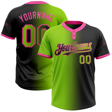 Custom Black Neon Green-Pink Gradient Fashion Two-Button Unisex Softball Jersey