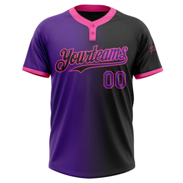 Custom Black Purple-Pink Gradient Fashion Two-Button Unisex Softball Jersey