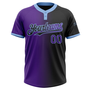 Custom Black Purple-Light Blue Gradient Fashion Two-Button Unisex Softball Jersey