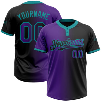 Custom Black Purple-Teal Gradient Fashion Two-Button Unisex Softball Jersey