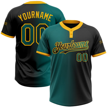 Custom Black Teal-Gold Gradient Fashion Two-Button Unisex Softball Jersey