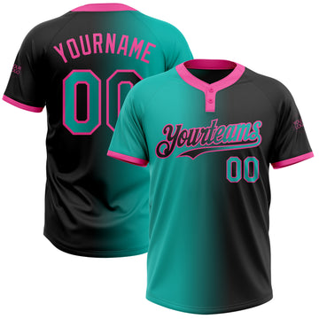 Custom Black Aqua-Pink Gradient Fashion Two-Button Unisex Softball Jersey