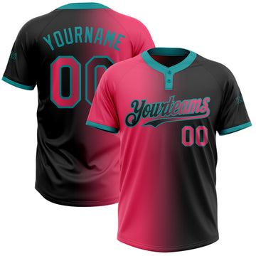 Custom Black Neon Pink-Teal Gradient Fashion Two-Button Unisex Softball Jersey