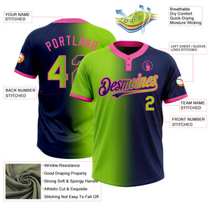 Custom Navy Neon Green-Pink Gradient Fashion Two-Button Unisex Softball Jersey