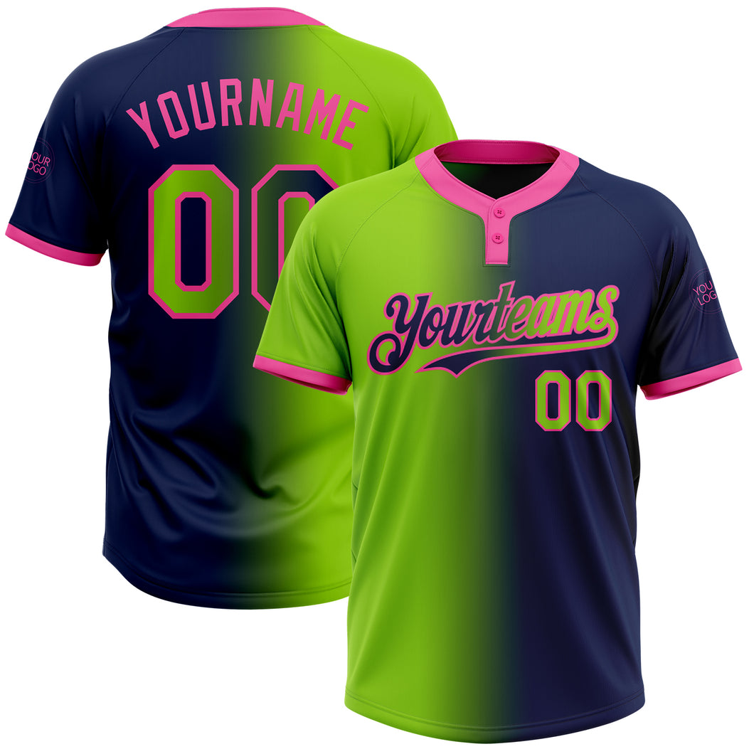 Custom Navy Neon Green-Pink Gradient Fashion Two-Button Unisex Softball Jersey