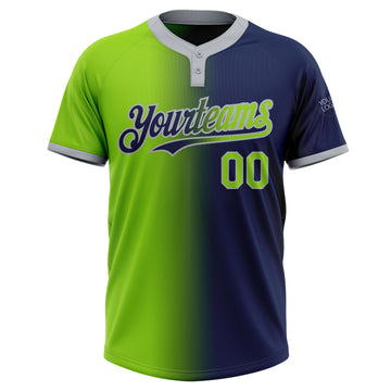 Custom Navy Neon Green-Gray Gradient Fashion Two-Button Unisex Softball Jersey