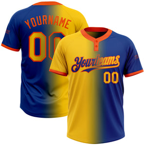 Custom Royal Yellow-Orange Gradient Fashion Two-Button Unisex Softball Jersey