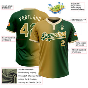 Custom Green Old Gold-Cream Gradient Fashion Two-Button Unisex Softball Jersey