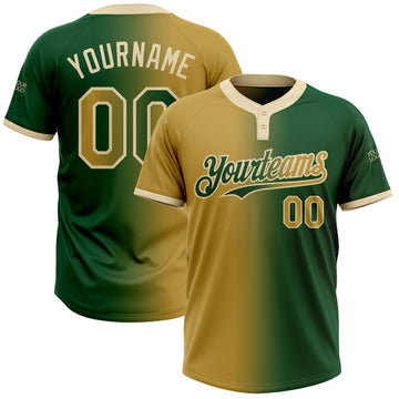 Custom Green Old Gold-Cream Gradient Fashion Two-Button Unisex Softball Jersey