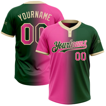 Custom Green Pink-Cream Gradient Fashion Two-Button Unisex Softball Jersey