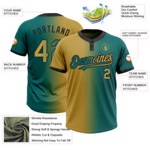 Load image into Gallery viewer, Custom Teal Old Gold-Black Gradient Fashion Two-Button Unisex Softball Jersey
