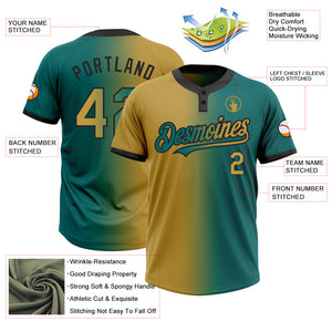 Custom Teal Old Gold-Black Gradient Fashion Two-Button Unisex Softball Jersey