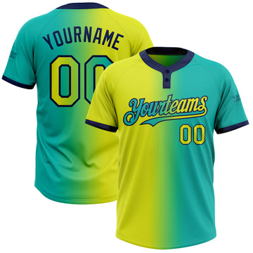 Custom Aqua Neon Yellow-Navy Gradient Fashion Two-Button Unisex Softball Jersey