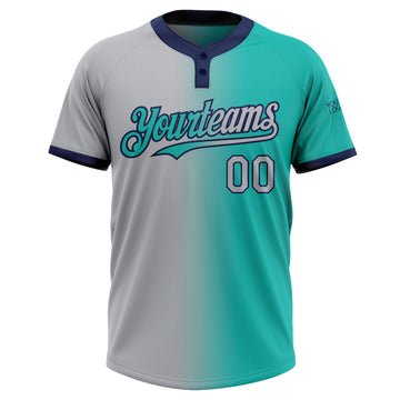 Custom Aqua Gray-Navy Gradient Fashion Two-Button Unisex Softball Jersey