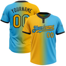 Load image into Gallery viewer, Custom Sky Blue Gold-Black Gradient Fashion Two-Button Unisex Softball Jersey
