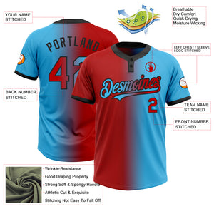 Custom Sky Blue Red-Black Gradient Fashion Two-Button Unisex Softball Jersey