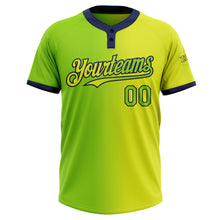 Load image into Gallery viewer, Custom Neon Yellow Neon Green-Navy Gradient Fashion Two-Button Unisex Softball Jersey
