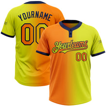 Load image into Gallery viewer, Custom Neon Yellow Bay Orange-Navy Gradient Fashion Two-Button Unisex Softball Jersey
