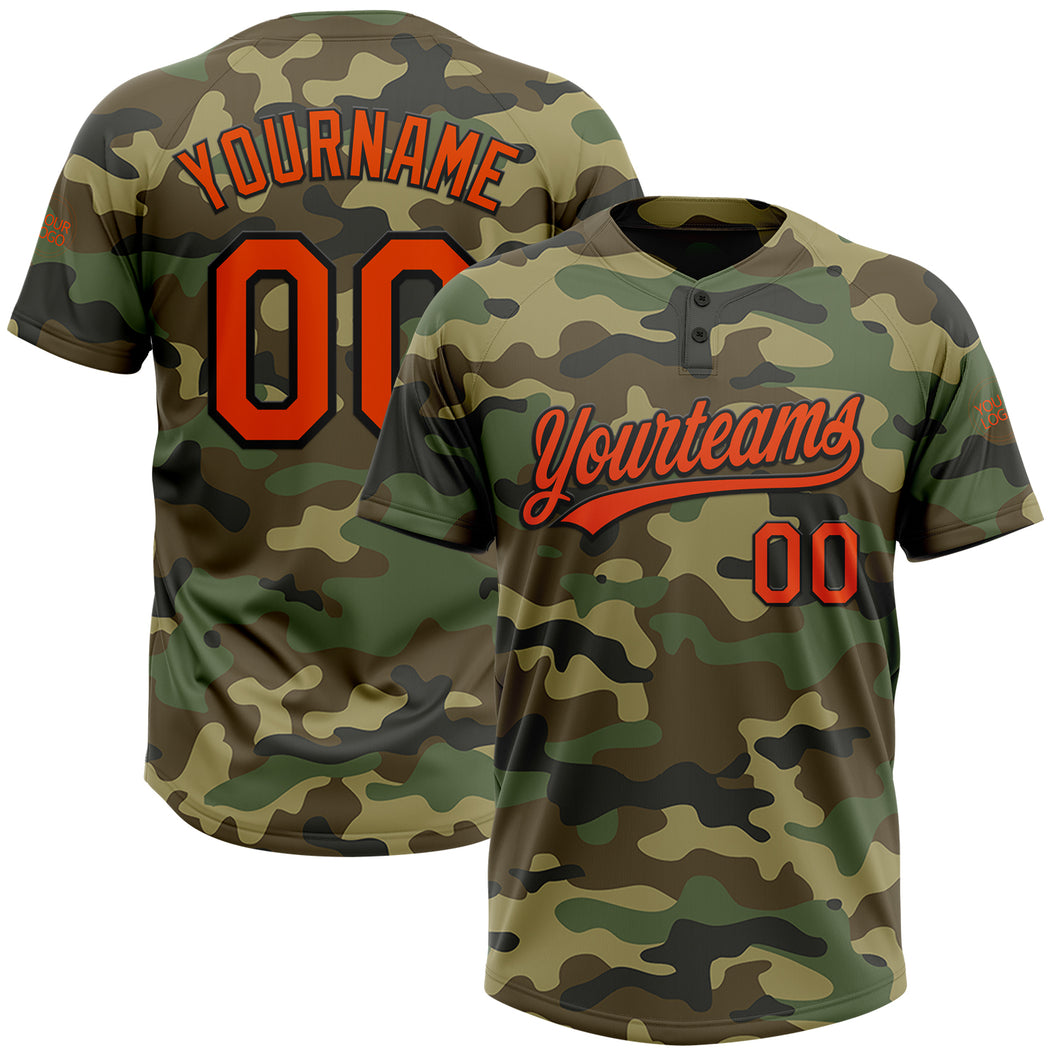 Custom Camo Orange-Black Salute To Service Two-Button Unisex Softball Jersey