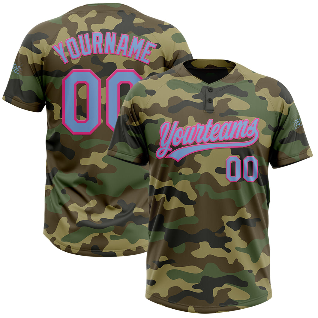 Custom Camo Light Blue-Pink Salute To Service Two-Button Unisex Softball Jersey