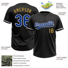 Load image into Gallery viewer, Custom Black Royal-Old Gold Two-Button Unisex Softball Jersey
