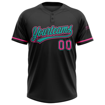 Custom Black Pink-Aqua Two-Button Unisex Softball Jersey