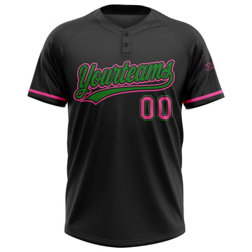 Custom Black Pink-Grass Green Two-Button Unisex Softball Jersey