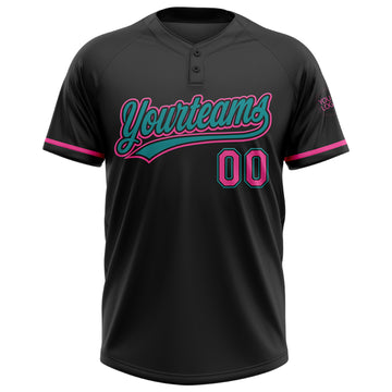Custom Black Pink-Teal Two-Button Unisex Softball Jersey