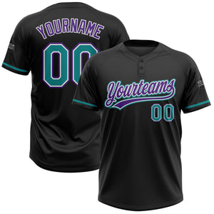 Custom Black Teal-Purple Two-Button Unisex Softball Jersey