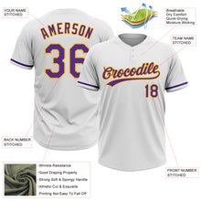 Load image into Gallery viewer, Custom White Purple-Gold Two-Button Unisex Softball Jersey
