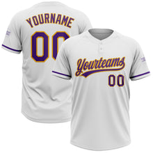 Load image into Gallery viewer, Custom White Purple-Gold Two-Button Unisex Softball Jersey
