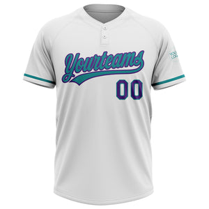 Custom White Purple-Teal Two-Button Unisex Softball Jersey