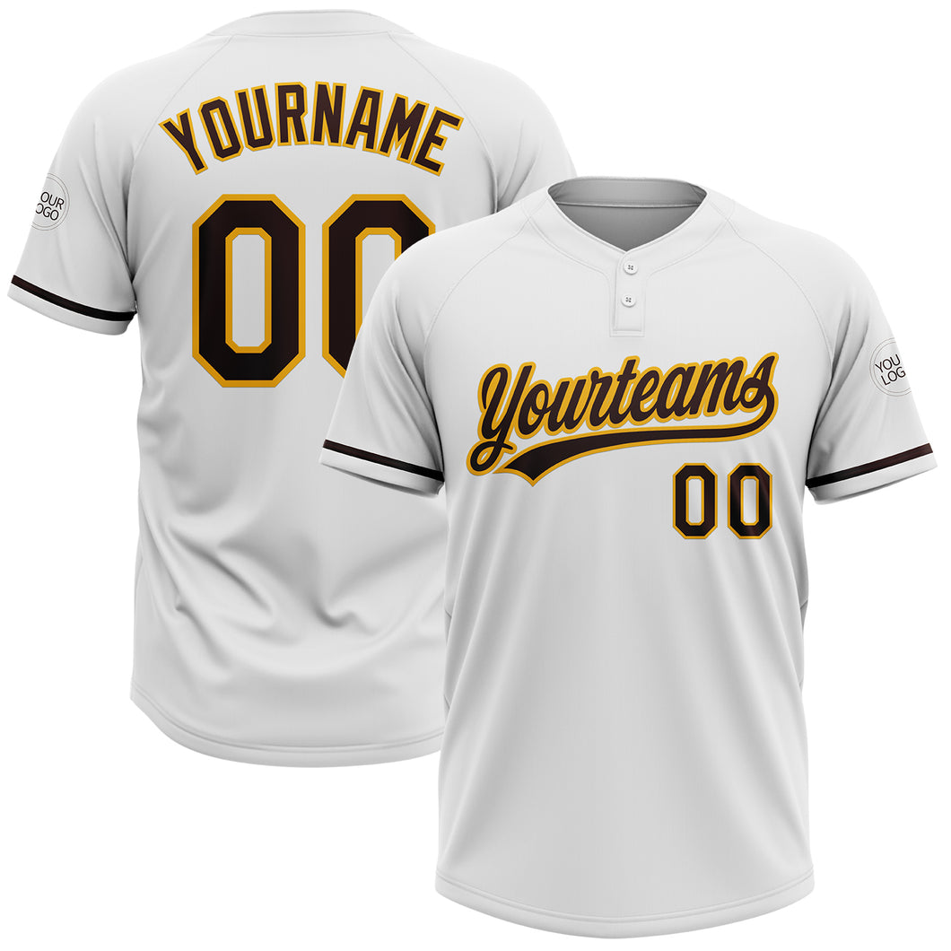 Custom White Brown-Gold Two-Button Unisex Softball Jersey