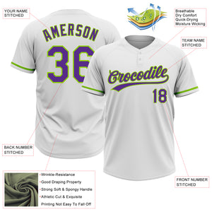 Custom White Purple-Neon Green Two-Button Unisex Softball Jersey