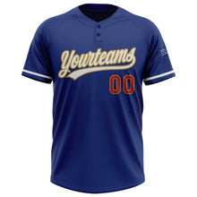 Load image into Gallery viewer, Custom Royal White Old Gold-Red Two-Button Unisex Softball Jersey
