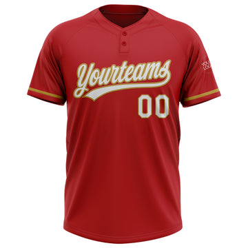 Custom Red White-Old Gold Two-Button Unisex Softball Jersey