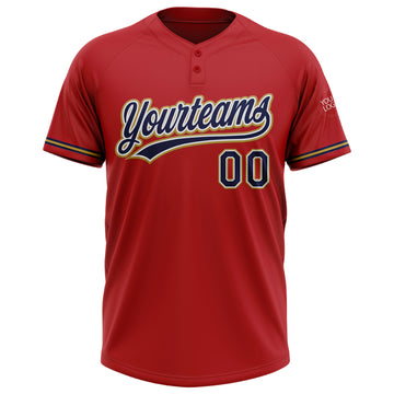 Custom Red Navy-Old Gold Two-Button Unisex Softball Jersey