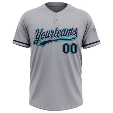 Custom Gray Navy-Teal Two-Button Unisex Softball Jersey