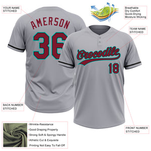 Custom Gray Crimson Black-Aqua Two-Button Unisex Softball Jersey