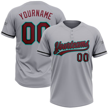 Custom Gray Crimson Black-Aqua Two-Button Unisex Softball Jersey