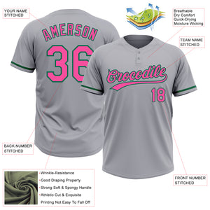 Custom Gray Pink-Kelly Green Two-Button Unisex Softball Jersey