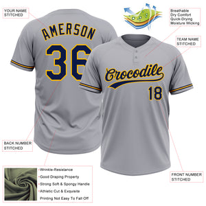 Custom Gray Navy-Gold Two-Button Unisex Softball Jersey